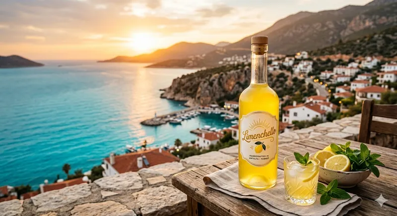 Taze limonların yanında premium limoncello şişesi